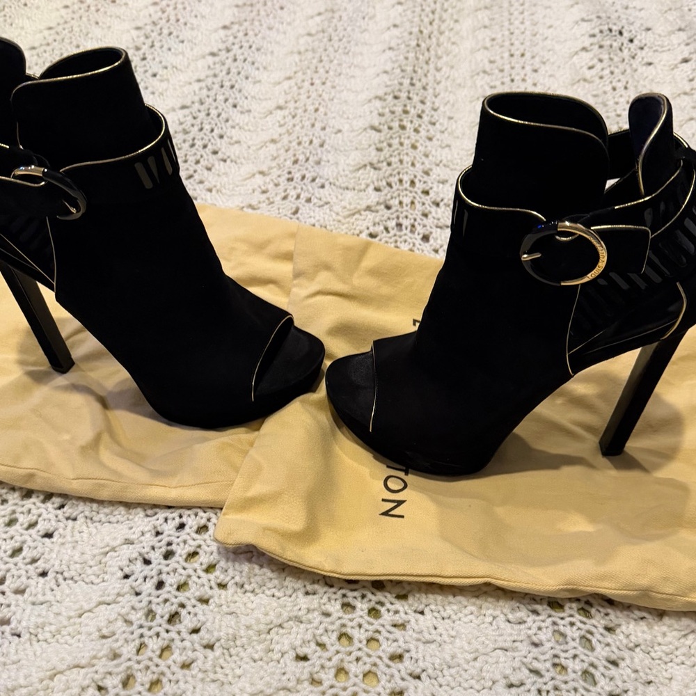 Louis Vuitton Black Suede Peep-Toe Ankle Boots with Gold Trim